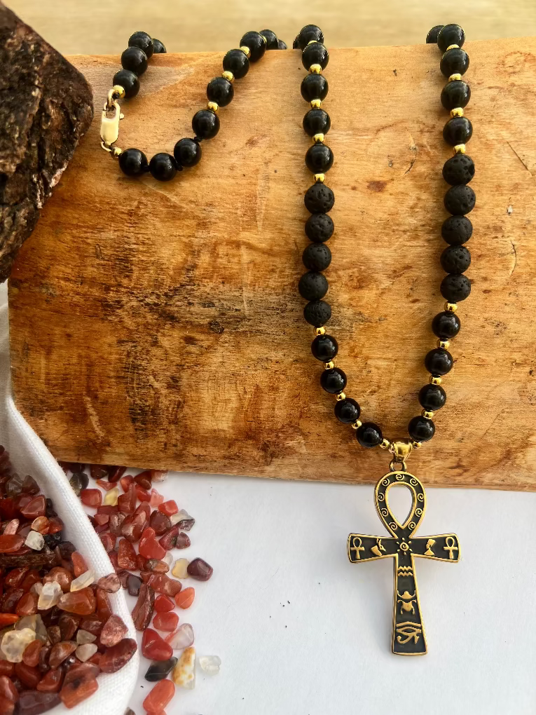 Obsidian, Lava rock, gold, ankh chain by alarajade