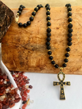 Obsidian, Lava rock, gold, ankh chain by alarajade
